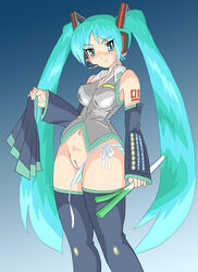 1girls 2d artist_request black_skirt black_sleeves black_thighhighs blue_eyes blue_hair breasts collared_shirt color detached_sleeves eyebrows_visible_through_hair female female_only grey_shirt hair hatsune_miku headset holding_clothing holding_object holding_skirt light-skinned_female light_skin long_hair number_tattoo panties pleated_skirt pussy red_tattoo shirt skirt sleeveless sleeveless_shirt sleeves smile solo striped_panties tattoo thighhighs twintails vocaloid