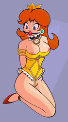 arms_behind_back atomictiki ball_gag bare_shoulders blue_eyes bondage bound bound_arms breasts brown_hair choker cleavage collar enslaved_royal female female_only gag gagged highres human kneeling mario_(series) nintendo nipples princess princess_daisy rope royalty solo straight_hair worried