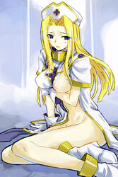 blonde_hair blue_eyes boots bottomless breasts cleric female female_only gloves hat human legs long_hair long_legs michael_f91 mint_adenade mint_adnade pointy_chin sitting solo tales_of_(series) tales_of_phantasia thighs