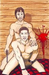 2boys anal anal_sex artist_request blanket blood_splatter brown_eyes brown_hair caught_in_the_act chest_hair dad_fucking_son dean_winchester doggy_style facial_hair father_and_son gay glove gun hand_on_shoulder hiding_penis incest john_winchester male male_only necklace nude older_dom_younger_sub older_penetrating_younger olive_eyes pistol plaid plaid_blanket sneer supernatural supernatural_(series) traditional_media_(artwork) wink winking wood_paneling wristband wristwatch yaoi