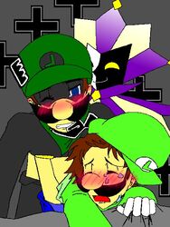 blush brown_hair color dimentio facial_hair front_view gay hair human interspecies jester luigi male male_only mario_(series) moustache mr._l multiple_males nintendo paper_mario straight_hair super_paper_mario yaoi