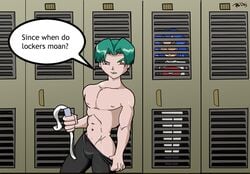 2boys bulge butch_(pokemon) clothes color dialog english_text gay human james_(pokemon) kosaburou_(pokemon) locker locker_room male male_only multiple_males muscular muscular_male pokemon pokemopolis speech_bubble tagme text topless