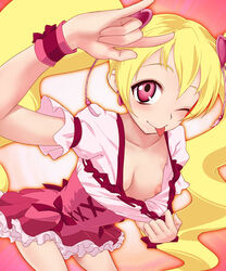 \m/ blonde_hair blush bodai breasts clothing cure_peach dress earrings flashing fresh_precure! fresh_pretty_cure fresh_pretty_cure! frills jewelry long_hair magical_girl momozono_love nipples parody pink_eyes precure pretty_cure seikan_hikou small_breasts tied_hair tongue twintails very_long_hair wink