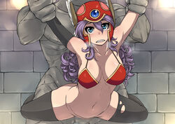 arms_up bare_shoulders bikini_armor blue_eyes breasts censored cleavage clenched_teeth clothing dragon_quest dragon_quest_iii elbow_gloves female from_behind gloves helmet human long_hair looking_at_viewer majokko_youheidan male medium_breasts navel no_panties purple_hair sex socks soldier_(dq3) stockings straight thighhighs vaginal_penetration