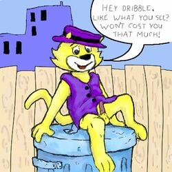 anthro background bottomless cat color dialogue english_text furry furry_only hanna-barbera male male_only open_mouth outdoors sitting solo tagme text toony top_cat top_cat_(series) trashcan