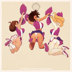 3girls cheerleader clothed jumping mostly_clothed multiple_girls mybadbunny original panties panty shocked skirt skirt_lift surprised upskirt