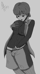 1girls black_and_white breasts clothed clothed_masturbation clothing dallas_wyatt female female_only large_breasts licking masturbation ribbed_sweater supermoonshroom sweater valkyria_chronicles