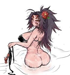 1girls 6_eyes ass big_ass big_breasts bikini black_bikini black_hair demon_girl demon_slayer female flower_in_hair kimetsu_no_yaiba kkku_gt kokushibo long_hair looking_back michikatsu_tsugikuni multi_eye ponytail red_sclera rule_63 solo swimsuit tanline two_tone_hair wet yellow_eyes