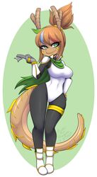 anthro brown_hair dragon_girl green_eyes horns katiethedragon oc rika_dimensional_ninja senpaimisskitty_(artist) tail unusual_pupils watermark