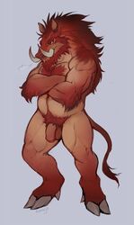 anthro brown_body brown_fur crossed_arms flaccid fur genitals hairy hi_res humanoid humanoid_genitalia humanoid_penis kora-jo male male_only mammal musclegut muscular muscular_male original original_character penis solo suid suina sus_(pig) tusks warthog wild_boar