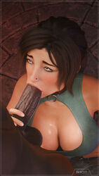 3d bifrost3d big_penis breasts brown_eyes brown_hair clothed_female_nude_male dark-skinned_male dark_skin fellatio female female_focus interracial lara_croft lara_croft_(survivor) large_breasts long_hair male nose_piercing oral oral_sex penis piercing ponytail pose posing tagme tied_hair tomb_raider wide_hips