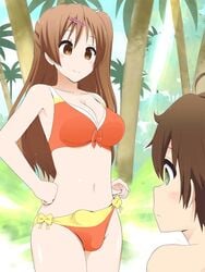 1boy 1futa bikini blush breasts brown_eyes brown_hair bulge chuunibyou_demo_koi_ga_shitai! cleavage futa_with_male futanari hair_ornament hairclip large_breasts long_hair medium_breasts navel nibutani_shinka penis togashi_yuuta