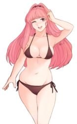 1girls absurdres bangs bikini black_bikini black_swimsuit breasts female fire_emblem fire_emblem:_three_houses fire_emblem_heroes hair_down highres hilda_valentine_goneril large_breasts long_hair nintendo one_eye_closed open_mouth pink_eyes pink_hair side-tie_bikini simple_background smile solo swimsuit tridisart white_background wink