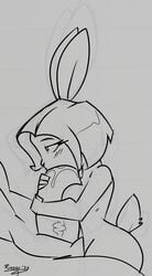 anthro big_penis bodily_fluids breasts duo fellatio female female_focus genitals hi_res lagomorph leporid line_art male mammal monochrome oral penis rabbit saliva saliva_on_penis simple_background size_difference sketch straight tail_tuft thekitsuubi tuft