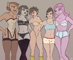 5girls adventure_time bikini captain_amelia clothed corset crossover d.va disney garter_belt garter_straps hotel_transylvania mavis_dracula multiple_girls overwatch panties princess_bubblegum simple_background strip thighhighs thong tracer training_bra treasure_planet underwear