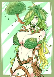 1girls 2020 artist_name blush bra breasts cigar_cat cleavage eyebrows_visible_through_hair female female_only gradient_hair green_eyes green_hair hair_ornament hair_over_one_eye hat highres huge_breasts jewelry leaf leaf_bra leaf_clothing leaf_hair_ornament leaf_on_breast looking_at_viewer matching_hair/eyes mole mole_under_eye navel necklace original personification roots signature simple_background smile solo standing thick_thighs thighs tongue tongue_out tree underwear yellow_hair