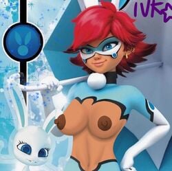 1girls 3d alix_kubdel blue_eyes breasts bunnyx_(character) dark-skinned_female ear_piercing earrings edit face_mask female female_only future_alix_kubdel miraculous_ladybug navel nipples red_hair solo