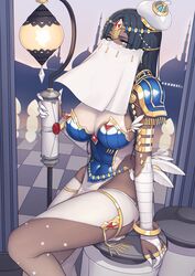 black_hair bracelet cleavage dark_skin evan_yang fate_(series) hat headdress jewelry mask masked scheherazade_(fate) tagme thick_thighs thighhighs thumb_ring traditional_clothes white_thighhighs