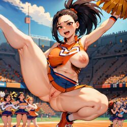 6+girls ai_generated ankle_socks anklehighs armpits big_breasts blush cheerleader cheerleader_uniform exposed_breasts exposed_pussy female female_only jumping leg_up miniskirt momo_yaoyorozu my_hero_academia nipple_bulge no_panties one_breast_out pleated_skirt pom_poms shirt_lift skirt skirt_lift socks spread_legs stadium userisbad wardrobe_malfunction white_socks