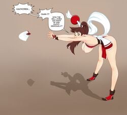 1girls ass bend bending breasts breasts_out brown_hair cosplay fatal_fury female female_only king_of_fighters long_hair mai_shiranui mybadbunny ponytail skimpy skimpy_clothes snk solo wind