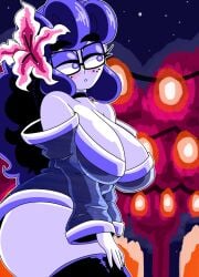 1girls almkornkid black_eyebrows black_nails black_stockings blue_eyelids blue_hair blush blush_lines blushing breasts em_(character) female freckles glasses looking_to_the_side solo solo_female thick_eyebrows thick_thighs white-skinned_female white_skin