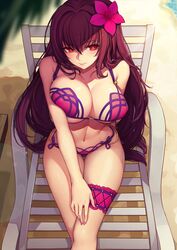 beach bikini evan_yang fate/grand_order fate_(series) flower_in_hair long_hair looking_away midriff ornament purple_hair red_eyes scathach_(fate) scathach_(swimsuit_assassin) squeezing_breast tagme thick_thighs thigh_gap underboob