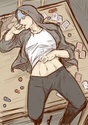 1boy clothed finger_in_mouth gay gyakuten_saiban hobo lying lying_down lying_on_back male male_only naruhodou_ryuuichi on_back on_table poker raised_shirt seductive seductive_look sweatpants yaoi