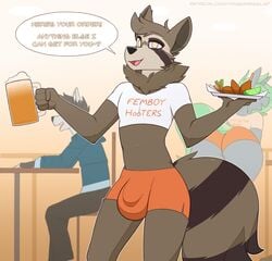 absurd_res alcohol anthro ass beer beverage big_bulge bottomwear bulge canid canine canis clothing crop_top dialogue domestic_dog english_text equid equine femboy_hooters food genital_outline group hi_res horse male male_only mammal neck_tuft penis_outline procyonid raccoon ryai_(character) shirt shorts solo text topwear tuft youwannaslap