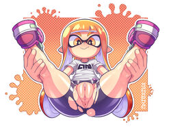 absurd_res animal_humanoid anthro anus ass bike_shorts bottomwear cephalopod cephalopod_humanoid clothing female hi_res humanoid inkling inkling_girl kaikoinu kaori_(splatoon) looking_at_viewer mask_(marking) nintendo pointy_ears presenting pseudo_hair pussy splatoon spread_legs spreading squid tentacle tentacle_hair torn_clothes triangular_anus video_games