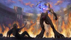 16:9 2018 4_toes anthro arena balls biped claws clothed clothing detailed_background digital_media_(artwork) digital_painting_(artwork) digitigrade duo elf exposed fight fire fur genitals gnoll grin growth half-erect humanoid humanoid_genitalia humanoid_penis humanoid_pointy_ears hyaenid larger_male loincloth looking_down low-angle_view macro magic male male_focus male_only mammal muscular muscular_male nipples partially_clothed paws penis sitting size_difference smaller_male smile spectrumshift spots spotted_body spotted_fur standing toe_claws toes topless uncut wardrobe_malfunction widescreen