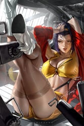 1girls ass big_breasts boots breasts cleavage cowboy_bebop crossed_legs faye_valentine female female_only hand_in_hair large_breasts legs_up panties purple_hair short_hair solo solo_female thick_thighs thighhighs white_boots zumi