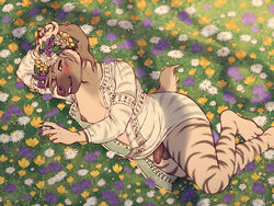 1futa 2020 4:3 anthro balls blush breasts brown_body brown_hair clothed clothing dress feet field flower flower_crown furry futanari genitals glass glopossum hair hyaenid hyena intersex looking_at_viewer lying mammal nonbinary on_side outside partially_clothed penis plant plantigrade red_eyes smile solo solo_futa striped_body striped_hyena stripes translucent translucent_clothing