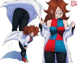 1girls android android_21 android_21_(human) angry ass ass_focus big_ass black_legwear blue_eyes breasts brown_hair coat dragon_ball dragon_ball_fighterz earrings echosaber embarrassed female female_only fully_clothed glasses leggings multiple_angles scientist shoulders shounen_jump white_background