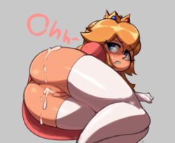 1girls after_sex ass blonde_hair blue_eyes clothing crown cum cum_in_pussy female female_only gloves grey_background lying mario_(series) nintendo on_side princess_peach pussy simple_background solo superwagon64 text thighhighs