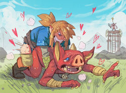 2boys absurd_res absurdres anal anal_sex angry angry_sex bite biting biting_ear blonde_hair blue_eyes bokoblin breath_of_the_wild clothed clothing color doggy_style gay grass heart interspecies link link_(breath_of_the_wild) male male/male male_only mountain outdoors outside pants_down rape red_skin snout sweat sweating tears the_legend_of_zelda yaoi