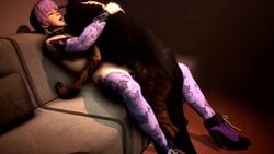 1animal 1girls 3d animated ayane_(doa) canine cling dead_or_alive dog domestic_dog hug missionary missionary_position no_sound on_couch purple_hair santalol sitting sofa source_filmmaker video zoophilia