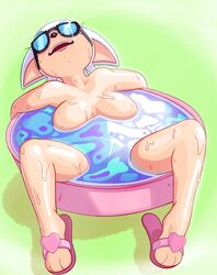 1girls anthro bat big_breasts blue-tinted_eyewear breasts color completely_nude female female_only functionally_nude light-skinned_female light_skin line_art naked nude pool rouge_the_bat sandals solo solo_female sonic_(series) starfinga sunglasses sweat tinted_eyewear