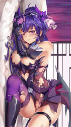 background bed big_breasts blush cum cum_on_body cum_on_face erect_nipples female female_focus female_only hair_ornament honkai_impact legwear long_hair no_bra pale-skinned_female pale_skin perfume_bottle purple_eyes purple_hair raiden_mei tattered_clothing tattoo torn_clothes twirling_hair zombie-andy