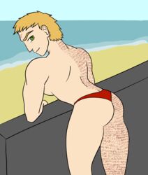 beach ginger_hair green_eyes hellsing hellsing_ultimate human kezzdaddy looking_at_viewer looking_back male_only muscles scarification solo_female swimsuit tattoo topless zorin_blitz