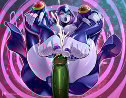 beast_boy blue_toenails breasts cum cum_between_toes dc dc_comics feet female garfield_logan nail_polish nails nipples purple_eyes purple_hair rachel_roth raven_(dc) reiq teen_titans toenail_polish toes uncensored