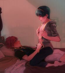 2boys bangs bed bed_sheet blue_hair blush clothed cowgirl_position fire_emblem fire_emblem:_mystery_of_the_emblem fire_emblem:_shadow_dragon_and_the_blade_of_light fire_emblem:_the_binding_blade freckles hair_ornament hand_on_ass imminent_sex lamp looking_at_partner lying male male_only marth_(fire_emblem) meep meep_(mi_ppu) nintendo nipples on_back open_clothes open_mouth pillow red_hair roy_(fire_emblem) straddling super_smash_bros. toned_male twink undressing wholesome window_light yaoi