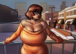 1girls big_breasts breasts breasts_bigger_than_head choker cleavage female female_only hanna-barbera hoop_earrings huge_breasts large_breasts ph scooby-doo solo text velma_dinkley