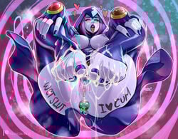 ahe_gao blue_toenails blush body_writing buttplug cloak cum cum_on_feet dc dc_comics feet female hearts nail_polish nails offscreen_character purple_eyes purple_hair pussy rachel_roth raven_(dc) reiq teen_titans toenail_polish toes tongue tongue_out uncensored writing_on_body