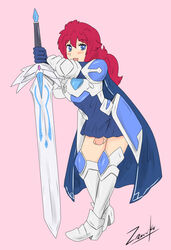 1futa ameline_swiftfang armor blue_eyes blush bottomless_skirt cape erection erection_under_clothes erection_under_skirt futa_only futa_sans_balls futanari original_character penis penis_out penis_under_clothes penis_under_skirt posing red_hair redhead skirt smile sword weapon zronku