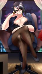 1girls black_bra black_hair black_legwear black_skirt blue_eyes bra breasts business_suit chair cleavage collarbone curvy female female_only formal glasses huge_breasts lace lace-trimmed_bra lips long_hair looking_at_viewer multicolored_hair office_chair office_lady original original_character pantyhose pencil_skirt sitting skirt skirt_suit smile solo solo_female suit suketchib suki_(suketchib) thick_thighs thighhighs thighs tight_skirt underwear voluptuous wide_hips