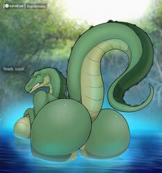 anthro ass bent_over big_breasts big_butt breasts crocodilian dialogue female genitals hi_res holding_breast hospitallerinaboat huge_breasts huge_butt looking_back nude partially_submerged pussy raised_tail rear_view reptile scalie solo water