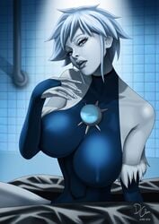 1girls alternate_version_available batman:_assault_on_arkham batman_(series) big_breasts blue_eyes blue_hair body_bag breasts busty dc engchee female female_only firestorm_(series) grey_body grey_skin huge_breasts killer_frost killer_frost_(arkham) looking_at_viewer louise_lincoln morgue nipples scene_interpretation short_hair solo solo_female solo_focus supervillainess villainess