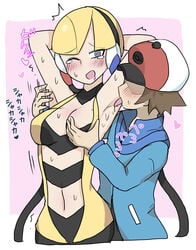 1boy 1girls 2020 armpit_licking armpits arms_behind_head arms_up bare_arms bare_shoulders baseball_cap blonde_hair blue_eyes blush breast_grab breasts brown_hair cap cleavage clothed clothing elesa_(pokemon) elesa_(pokemon_bw) eyebrows_visible_through_hair faceless_male female gym_leader hair headphones heart heart-shaped_pupils highres hilbert_(pokemon) human human_only jacket japanese_text licking looking_at_another male medium_breasts navel navel_cutout nintendo one_eye_closed open_mouth pink_background pokemon pokemon_bw saliva saliva_drip saliva_trail shadow short_hair simple_background sleeveless sleeveless_shirt smile standing sweat sweaty_armpits tears text tickling tickling_armpits tongue tongue_out white-stew white_border yellow_clothing