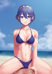 1boy 1girls bikini blue_eyes blue_hair cowgirl_position fire_emblem fire_emblem_awakening lucina_(fire_emblem) male_pov marth_(fire_emblem_awakening) muscular nintendo pov putcher short_blue_hair short_hair