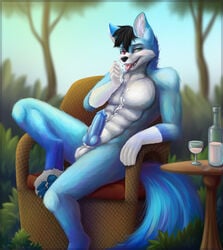 (thumos) anonymous_artist anthro blue_body blue_fur bodily_fluids canid canine canis cum domestic_dog fox fur genital_fluids genitals husky hybrid knot licking_cum male male_only mammal matthew nordic_sled_dog penis solo spitz